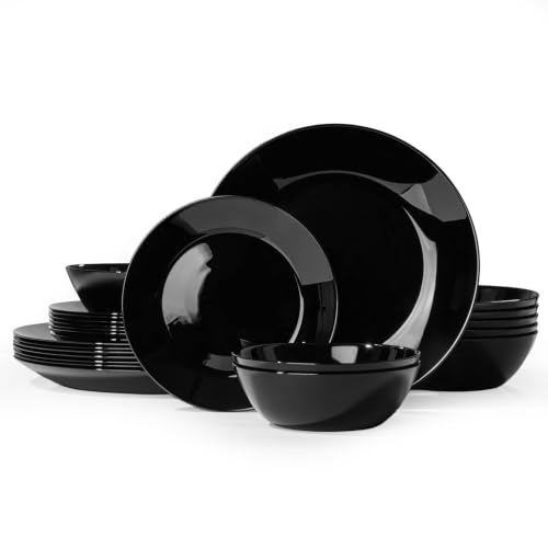 Black 24-Piece Glass Dinnerware Set for 8 - Plates & Bowls, Service for 8