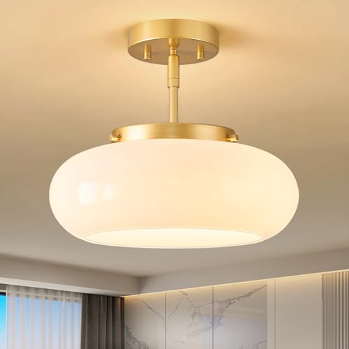 WOKNOS Mid-Century Gold Semi Flush Ceiling Light 12.6 Inch with Adjustable Downrod