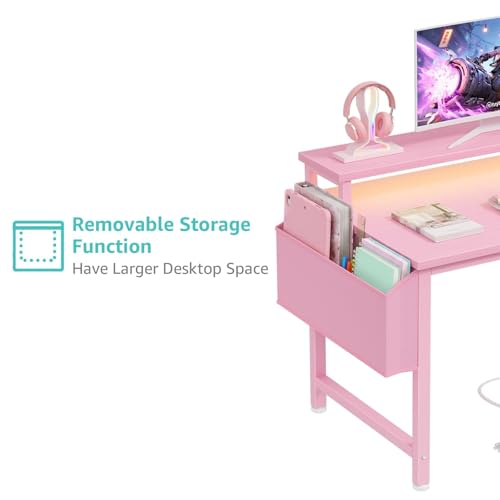 Pink Girls Gaming Desk with LED Lights & Power Outlets - 39.4 Inch Home Office Computer Table with Monitor Stand