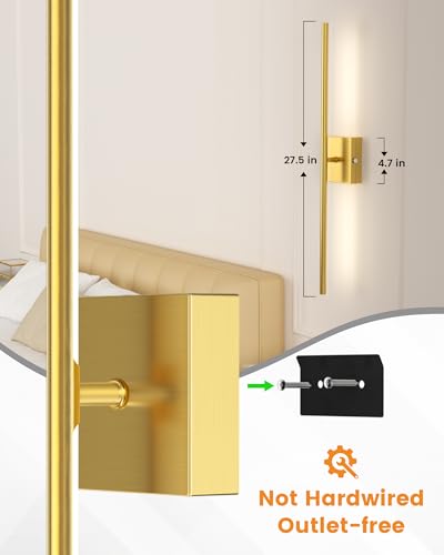 Wireless Battery Wall Sconces Set of 2 - 27.6 Inch Gold Dimmable 3000K-6500K with Remote