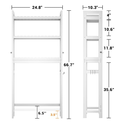 Homykic Over The Toilet Storage 3-Tier Bamboo Bathroom Shelf White 10.3"D x 24.8"W x 66.8"H