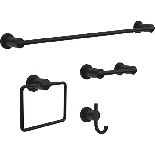 Delta Matte Black 4-Piece Bathroom Set Towel Rack Ring Toilet Paper Holder Hook - Nicoli