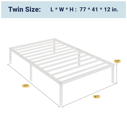 Allewie White Twin Metal Bed Frame with Storage, 12 Inch Platform Bed