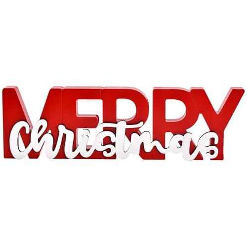 Merry Christmas Sign, Wooden Christmas Decoration, Free Standing Centerpiece, Xmas Party Decor for Table, Tiered Tray, Mantel (Red)