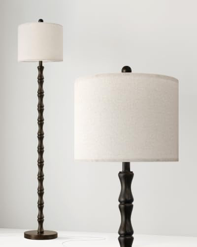 Dark Brown Farmhouse Floor Lamp with Linen Shade - 62 Inch Standing Light for Living Room & Bedroom - Rustic Corner Decor
