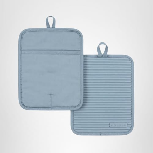 KitchenAid Ribbed Soft Silicone Pot Holder 2-Pack Set, Fog Blue, 7"x9"