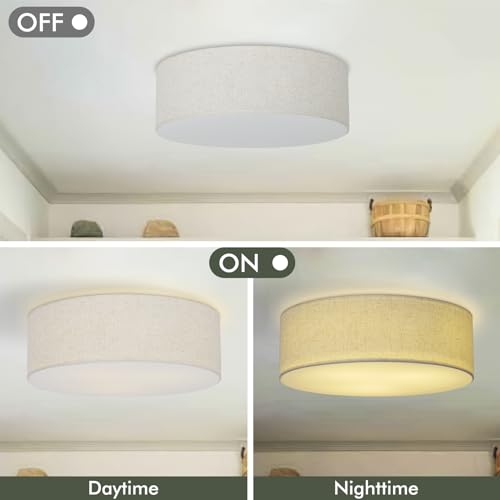 Vexagyle Linen Close to Ceiling Light Fixture - 16 Inch Modern Drum Light with Double Fabric Shade for Bedroom & Living Room