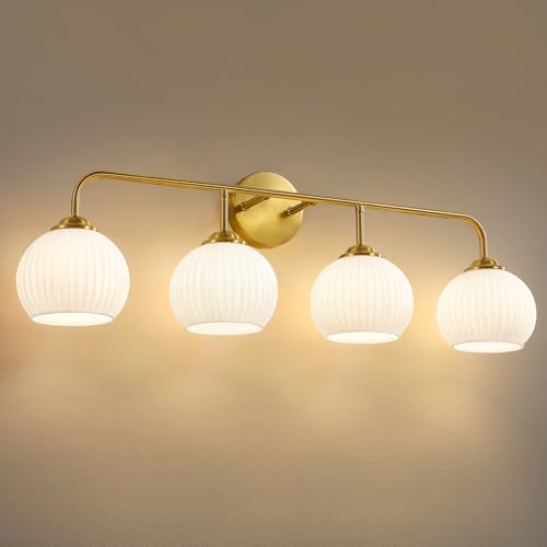 Brushed Gold 4-Light Bathroom Vanity Light Fixture with Frosted Glass - Wall Sconce