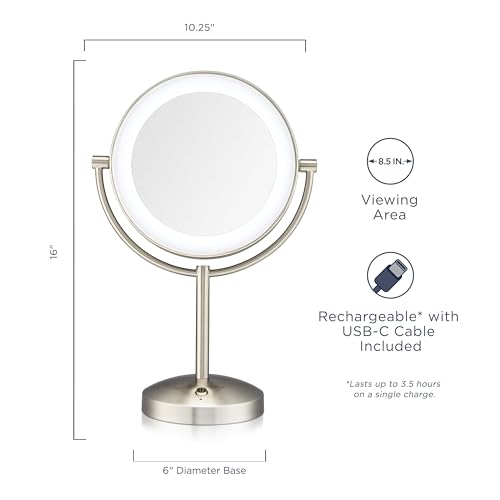 Lighted Makeup Mirror with 1X/10X Magnification, LED Vanity Mirror, Satin Nickel Finish