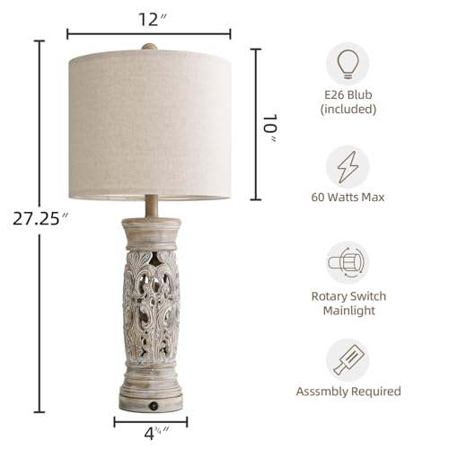 27.25” Farmhouse Table Lamps Set of 2 with Night Light, Distressed Light Wood Finish