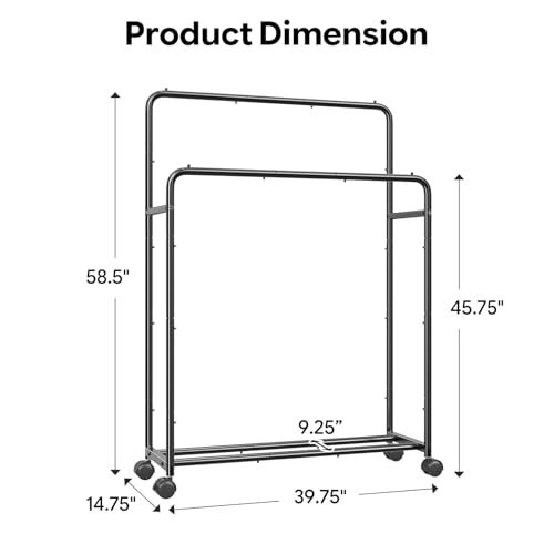 Clothing Rack Double Rod Garment Rack with Wheels - Black, Simple Trending