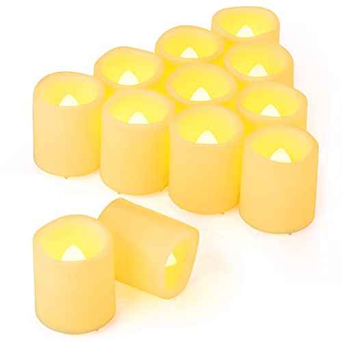 12 Pack 1.5" x 1.8" Battery Operated LED Tea Lights, Flameless Flickering Outdoor Electric Votive Candles, Flicker Flame Fake Candles Bulk for Home Table Halloween Wedding Christmas Decorations