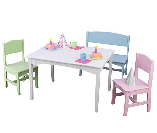KidKraft Nantucket Classic Wooden Kids Table Set with Bench & 2 Chairs, Pastel, Ages 3-8