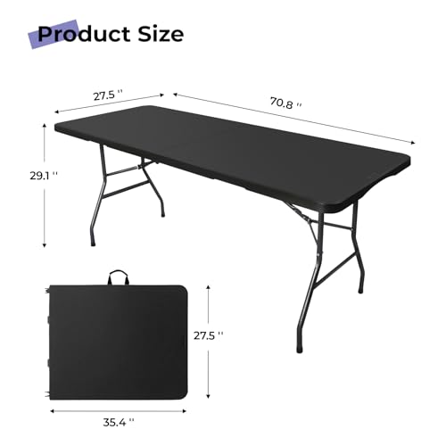 Black 6ft Folding Table - Heavy Duty Portable Utility Table with Handle