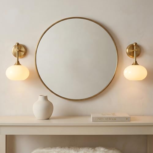 Brass Wall Sconce Set of 2 with Milk Glass Shades - Wireless Rechargeable with Remote