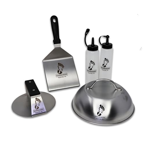 Burger Smash Set - 5 Piece Griddle Kit with Press, Spatula, Dome & Bottles - Combo