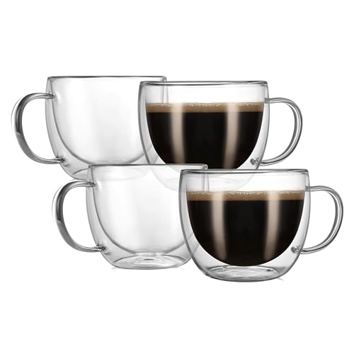 CNGLASS 8oz Double Wall Insulated Glass Coffee Mugs Set of 4 – Clear Borosilicate Latte & Espresso Cups