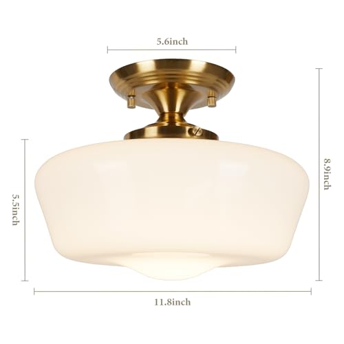 12-Inch Brass Schoolhouse Semi Flush Mount Ceiling Light with Opal Milk Glass Shade - Medium Variation
