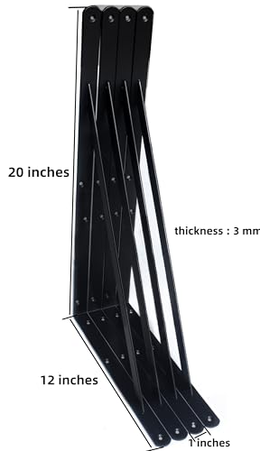 12 Pack Heavy Duty Black Shelf Brackets 20"x12" with Screws - Support Up to 180lb