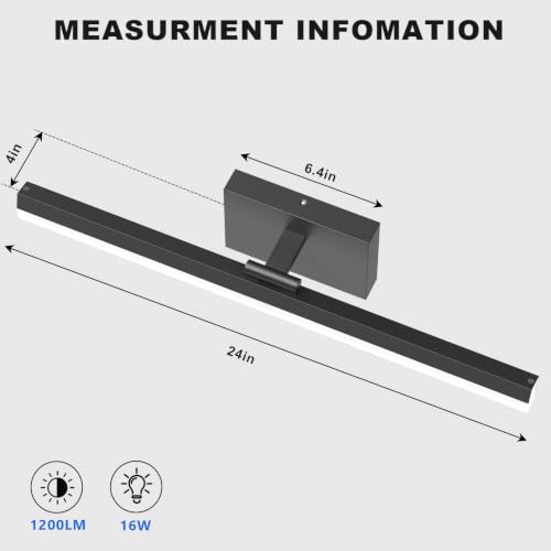 24-Inch Dimmable LED Bathroom Vanity Light - Black, Rotatable, Over Mirror, 6000K Cool White