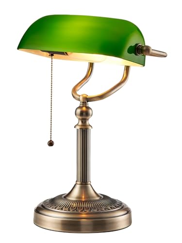 Green Glass Banker Desk Lamp with Pull Chain Switch - Classic Style