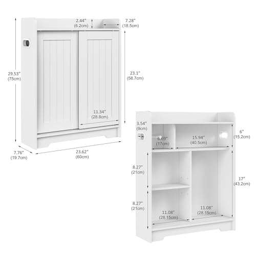 Slim Bathroom Floor Cabinet with Sliding Door - White Storage Organizer