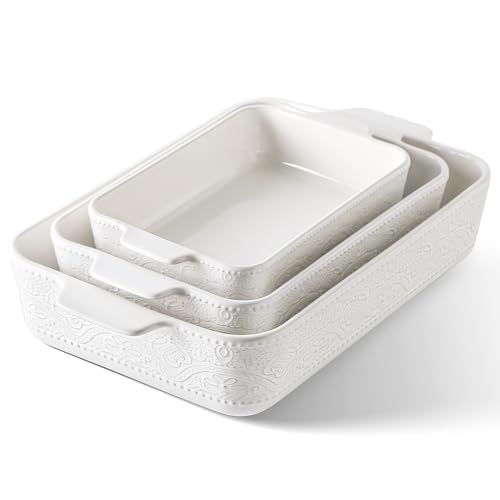 Ceramic Baking Dish Set of 3 Bright White Oven-Safe Casserole Pans