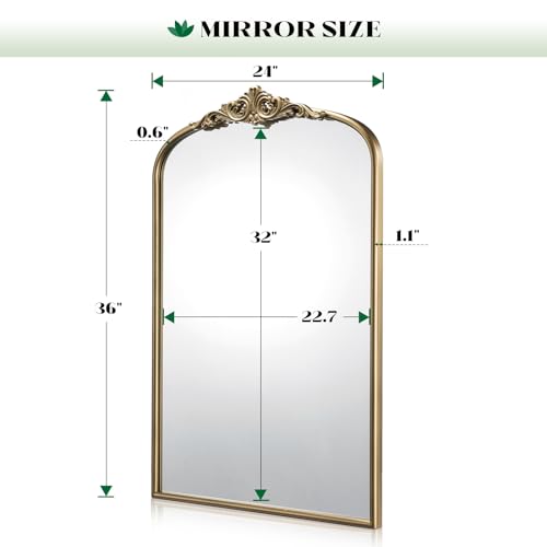 Vintage Gold Mirror 36x24 Inch Arched Wall Mirror Antique Brass Frame - Retro Gold Variation