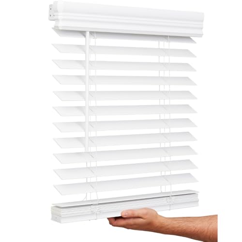 35x60 Inch Faux Wood Cordless Window Blind - Bright White, 2 Inch Slats