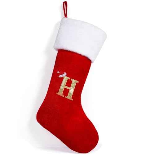 20 Inches Monogrammed Christmas Stockings - Super Soft Plush Cuff Christmas Stockings with Initials, Large Embroidered Monogram Stockings with Letter for Xmas Fireplace Decoration-H