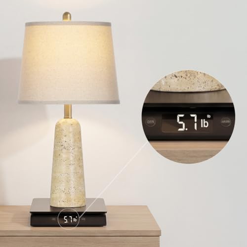 Travertine-Inspired 24-Inch Concrete Bedside Lamp Set of 2 - Beige, Modern Minimalist Nightstand Lamps with LED Bulbs
