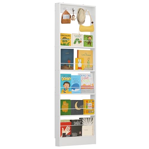 Kids Behind Door Bookshelf - 5-Tier Wooden Bookcase for Kids Room, White, 23.6''L x 3.94''D x 72.85''H