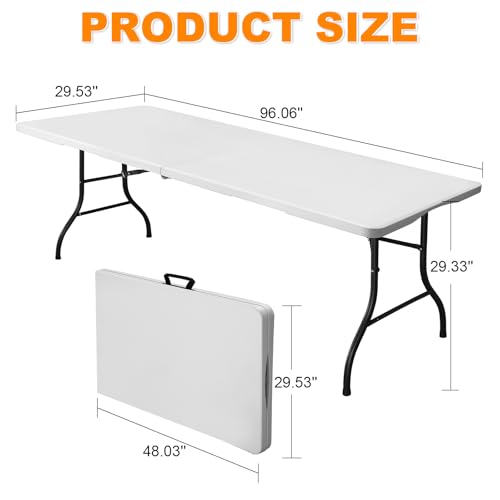 8ft Folding Portable Heavy Duty Plastic Table - White, Indoor & Outdoor Use