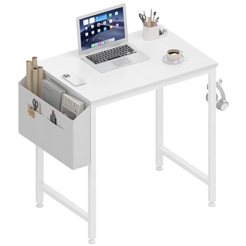Small White Study Desk 23.6 Inch for Kids Girls with Storage Bag & Headphone Hook
