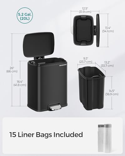 SONGMICS 5.2-Gallon Stainless Steel Step Trash Can - Black