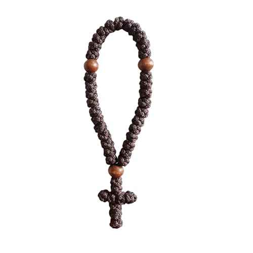 Bovemee 1Pc Handmade Christian 33 knot Orthodox Greek Omboskoini Prayer Rope Protection Blessing Cross Charm Tassel Car Hanging Charm Christmas gift (Brown)