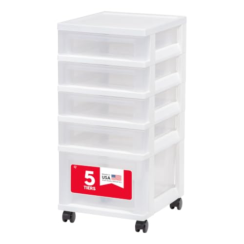 5-Drawer Rolling Storage Cart with Organizer Top - White/Clear, Mobile & Secure