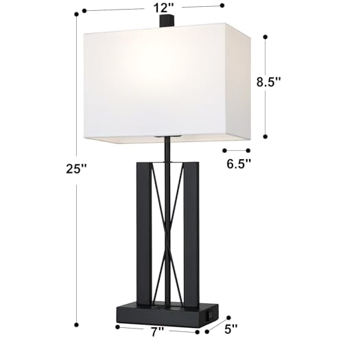 White 25-Inch Modern Table Lamps Set of 2 with USB Charging for Bedroom & Living Room