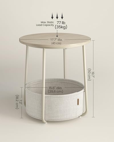 Cream White Small Round Side End Table with Fabric Storage Basket - Modern Nightstand
