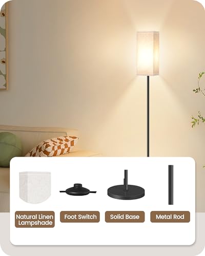 GOEBLESON 2 Pack Modern Floor Lamps with Foot Switch - Square Beige & Black Minimalist Standing Lamps for Living Room Bedroom Office