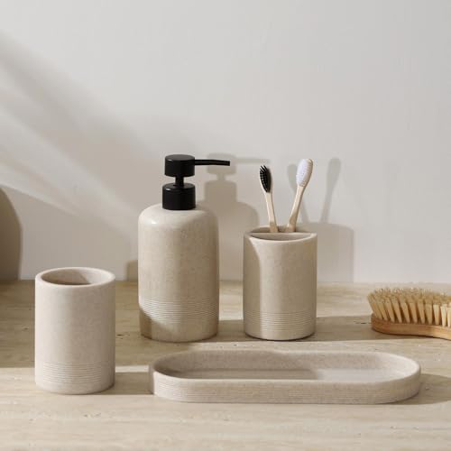 Haocoott Beige 4-Piece Sandstone Look Bathroom Accessory Set - Modern Organizer