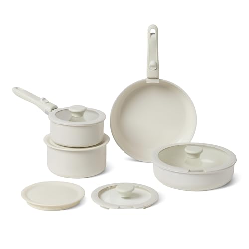 Amazon Basics Ivory Ceramic Nonstick Cookware Set with Detachable Handles, 11-Piece