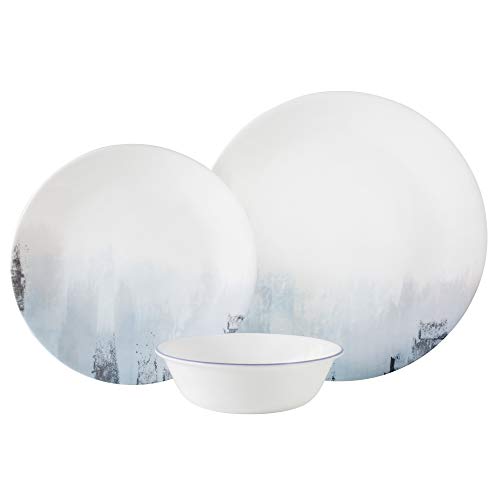 Corelle Tranquil Reflection 12-Piece White and Blue Dinnerware Set - Lightweight, Durable Glass Plates & Bowls