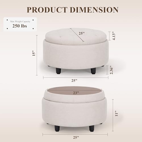 COLAMY Classic Beige Fabric Round Storage Ottoman with Reversible Tray Lid – Multi-Functional Footrest & Small Coffee Table