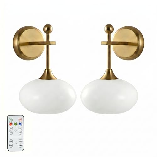Brass Wall Sconce Set of 2 with Milk Glass Shades - Wireless Rechargeable with Remote