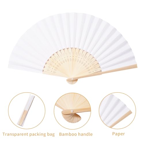 50pcs White Paper Hand Fans with Bamboo Frames for Weddings Parties & Decor