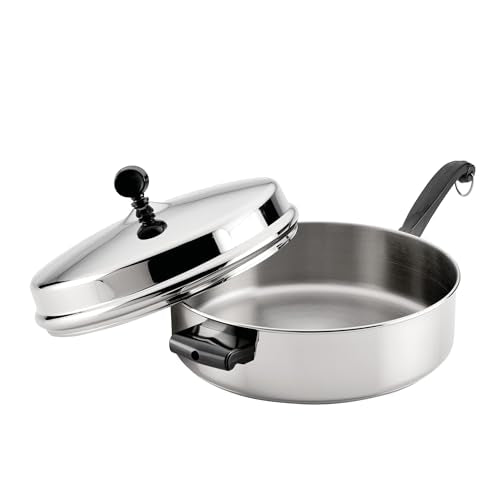 Farberware Classic Series Anniversary Edition Stainless Steel Sauté Pan and Lid with Helper Handle, Induction Suitable, 6 Quart Jumbo Cooker, Metal Utensil Safe - Stainless Steel