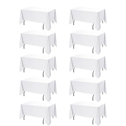 White Rectangle Tablecloths 60x120 Inches - 10 Pack, Wrinkle & Stain-Resistant Polyester