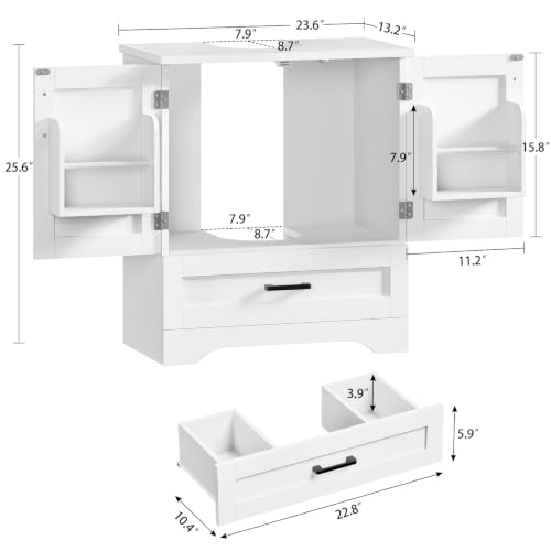 TEENFON 24-Inch White Pedestal Sink Storage Cabinet with 2 Doors & Drawer