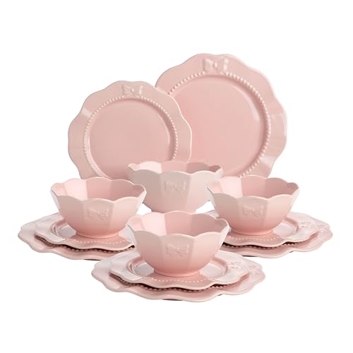 Paris Hilton Pink Embossed Bow 12-Piece Dinnerware Set for 4 – Ceramic Stoneware, Microwave & Dishwasher Safe